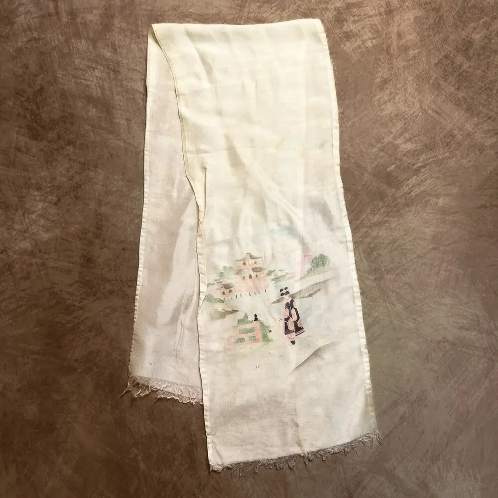 Vintage 40s Japanese Painted Geisha Kimono Garden Pagoda Scarf Multicolor Fringe